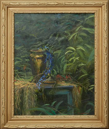 Tom Gardner (20th c., New York), "Garden of Solitude," 20th c., oil on canvas, signed lower right, presented in a faded gilt frame, H.- 23 1/2 in., W.