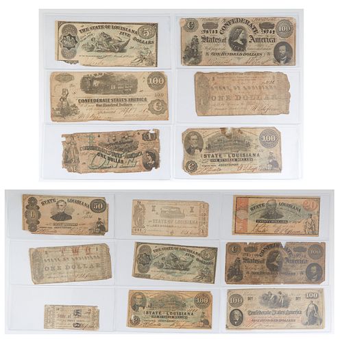 Fifteen Pieces of Civil War Paper Money, 19th c., consisting of a Louisiana $5 bill, 1863; a Louisiana Bond Coupon, 1864; a CSA $1 bill, 1862, Richmon