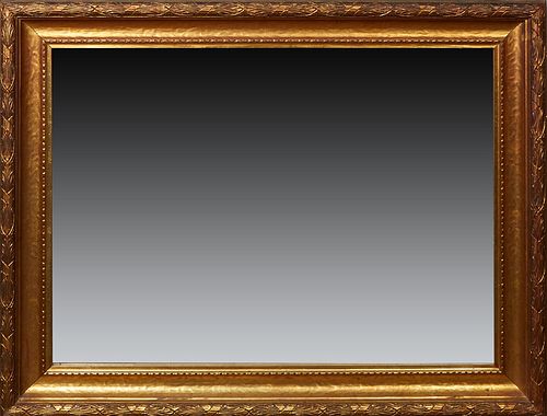 American Gilt and Gesso Overmantel Mirror, 20th c., the cove molded frame with an outer relief border of leaves and crossed ribbons, and an interior b