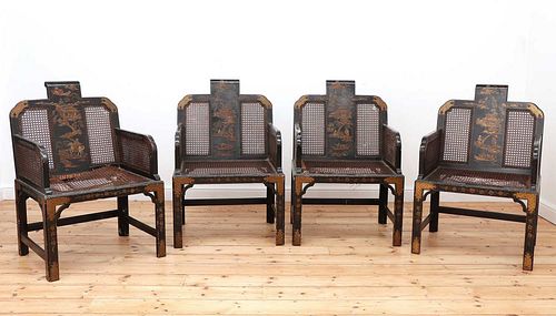 A set of four chinoiserie lacquered armchairs,