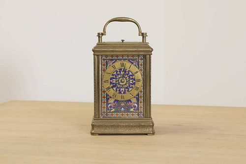 A French brass and enamel cased carriage clock,