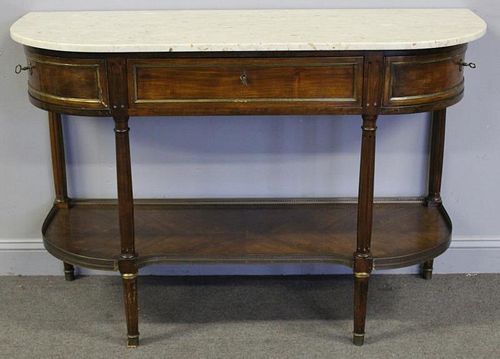 Marble Top Demilune Table with Brass Banding.