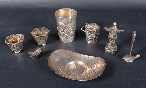 Group of Asian Silver Vessels, Dish, and Seals