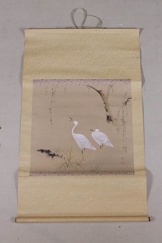 Asian Scroll Painting of Two Cranes