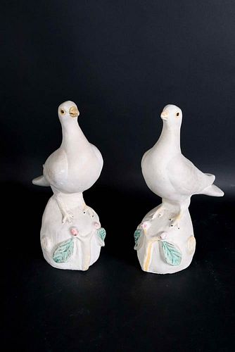 Pair of Chalkware Polychrome-Decorate Doves
