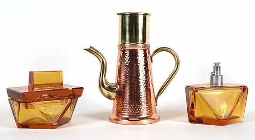 Art Deco Amber Glass Perfume and Covered Box
