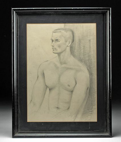 20th C. Pencil Drawing of a Partially Nude Man