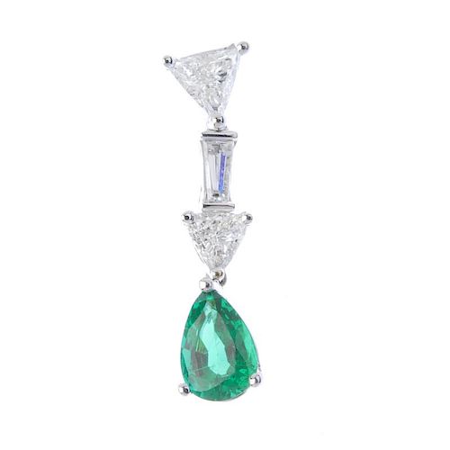 * An emerald and diamond pendant. The pear-shape emerald drop, suspended from a triangular and bague