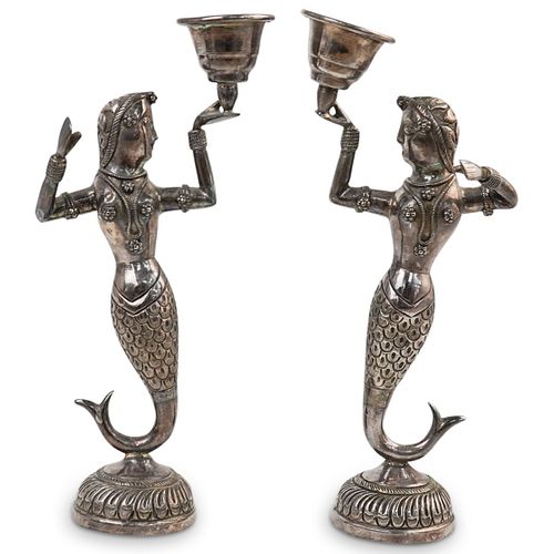 Pair Of Oriental Sterling Silver Candlesticks