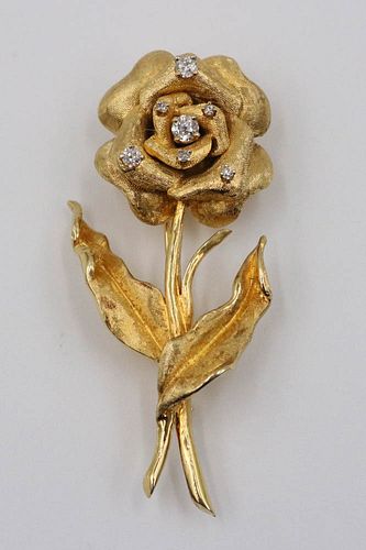 14K Yellow Gold Rose Stem Brooch with Diamonds