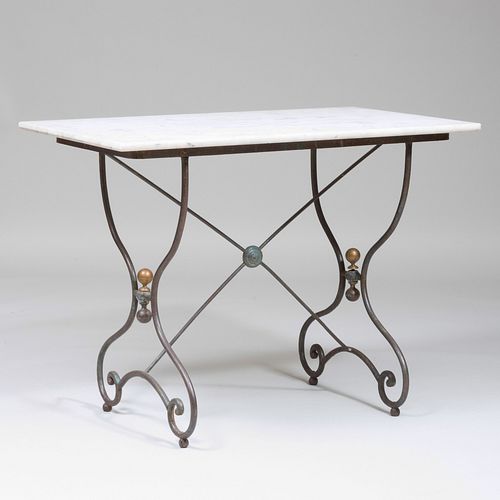 French Patinated Metal and Brass Table with Marble Top