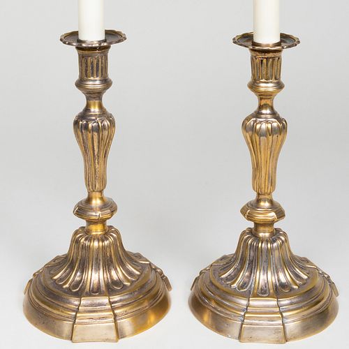 Pair of French Brass Candlesticks Mounted as Lamps and a Pair of TÃ´le Shades