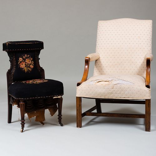 George III Style Fruitwood Library Armchair and a Victorian Needlework Slipper Chair