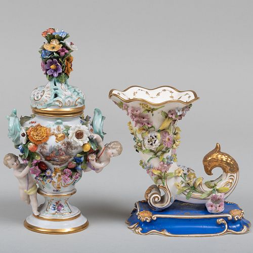 English Flower Encrusted Vase and Cover with a Cornucopia Vase