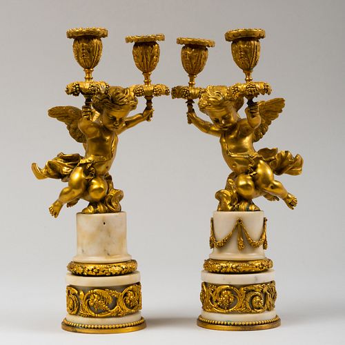 Pair of Louis XVI Style Ormolu and Marble Two-Light Candelabra with Putti Supports
