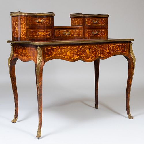 Louis XV Style Brass and Gilt-Metal-Mounted Fruitwood and Rosewood Marquetry Desk