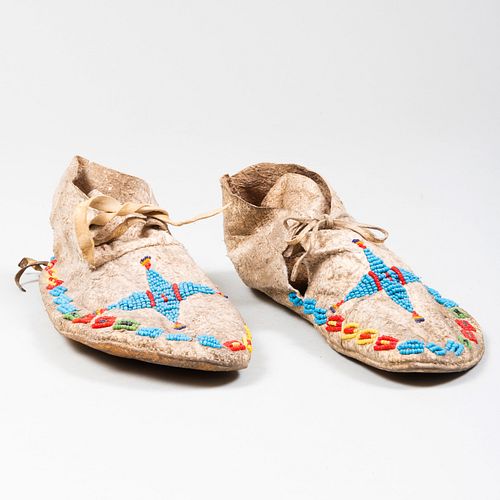 Small Pair of Native American Indian Beaded Hide Moccasins
