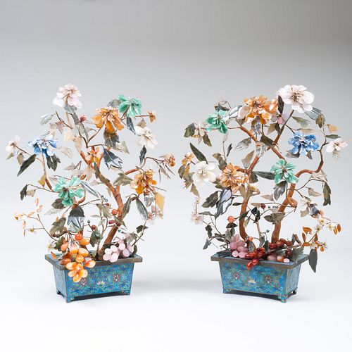Pair of Chinese Cloisonne and Hardstone Mounted Models of Trees
