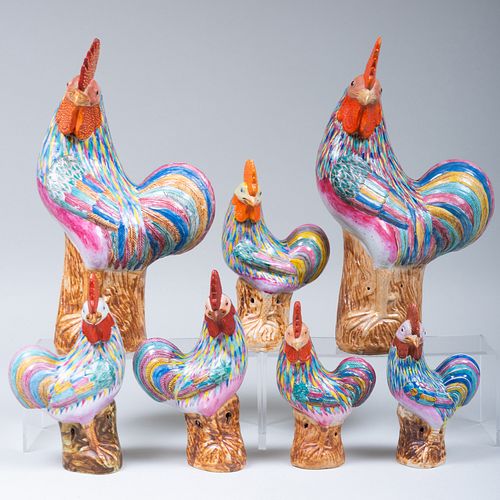 Group of Seven Chinese Export Roosters