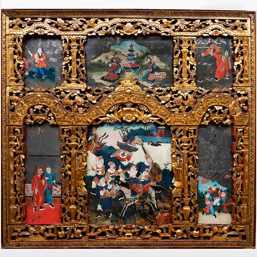Elaborate Chinese Export Reverse Painting on Glass in Gilt Frame