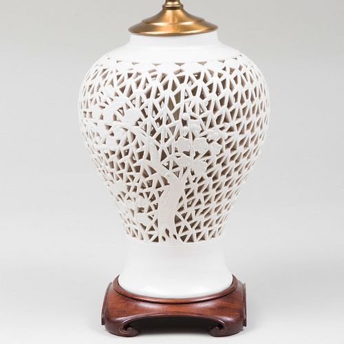 Chinese Porcelain Reticulated Jar Mounted as a Lamp, of Recent Manufacture