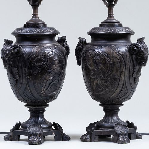 Pair of Neoclassical Style Patinated Metal Lamps