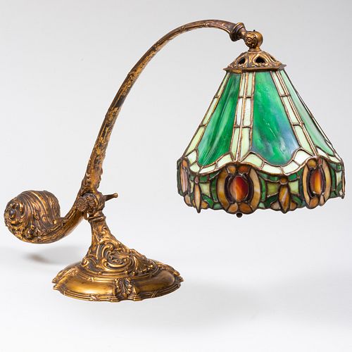 Tiffany Style Gilt-Bronze Leaded Glass Counter Balance Table Lamp