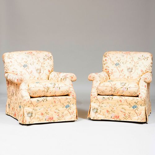 Pair of Upholstered Armchairs Embroidered with Flowers