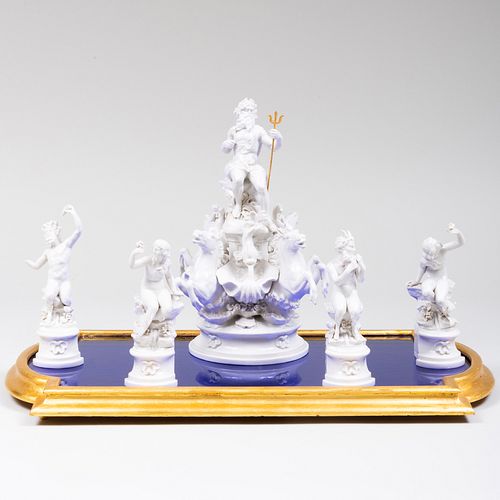 Capodimonte White Glazed Porcelain Mythological Poseidon Surtout de Table on a Blue Mirror Glass Base