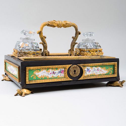 Continental Gilt Metal Inkstand Inset with Porcelain Plaques