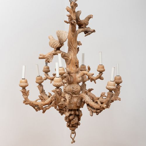 Rustic Carved Wood Ten-Light Chandelier, of Recent Manufacture