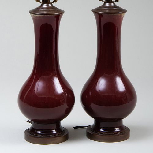 Pair of Small Copper Red Glazed Vases Mounted as Lamps