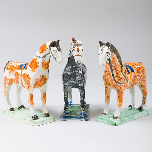 Group of Three English Creamware Sponge Painted Models of Horses