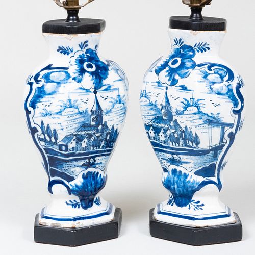 Pair of Dutch Blue and White Delft Vases Mounted as Lamps