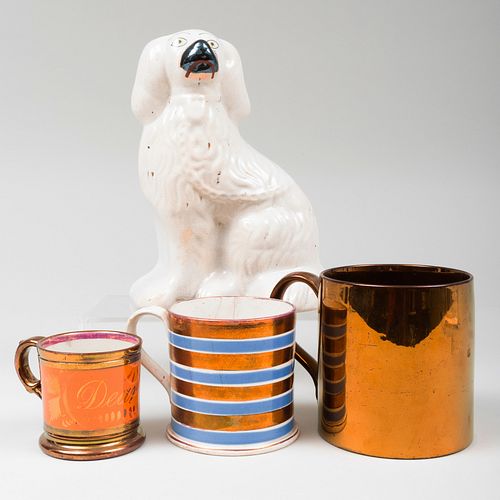 Group of Three Lusterware Mugs and a Staffordshire Flatback Dog