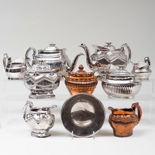 Group of Ten Copper and Silver Lusterware Teawares