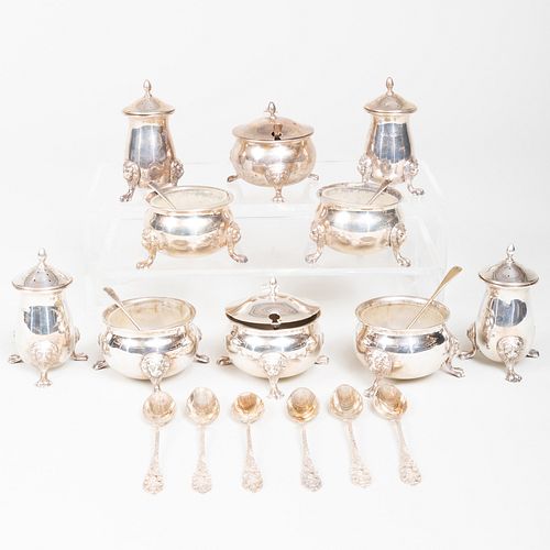 Two Sets of English Condiment Wares and a Set of Six Continental Demitasse Spoons