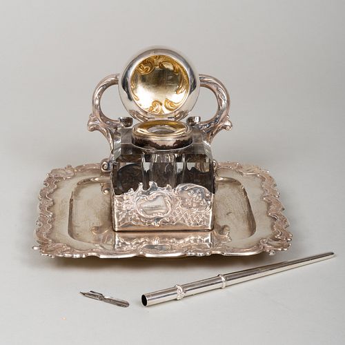 Continental Silver and Cut Glass Inkstand and an American Silver Quill