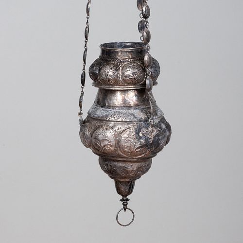 Pair of Silver Hanging Urns, Possibly South American