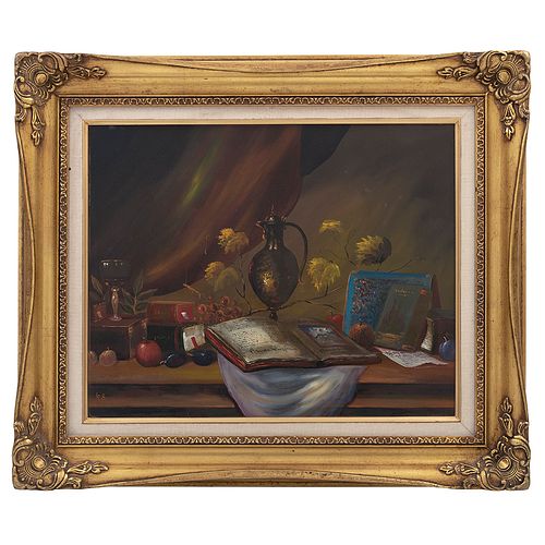 KS. Bodegón con libros y jarra. Siglo XX. Óleo sobre tabla. Firmado. Enmarcado. 40 x 50 cm.