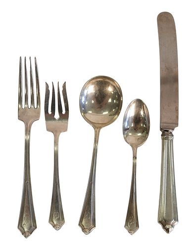 Gorham Sterling Silver Flatware Set for 12, plus two English fish knives, and six Georg Jensen demi spoons, to include jack knives and silverplate, 71