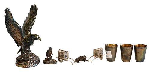 Silver Curio Lot, having an eagle, three shot glasses, a frog, a bird and two coaches.