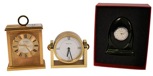 Three Piece Lot of Desk Clocks, to include a round Tiffany and Company, inscribed on the reverse, a rectangle Bolova, along with a green glass Baccara