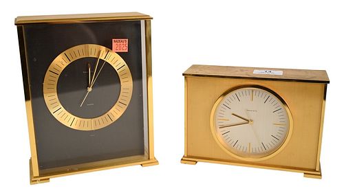 Two Tiffany and Company Desk Clocks, to include brass quartz clock, model number 2048, along with a rectangular desk clock 2202, quartz height 8 inche