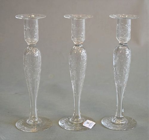 Set of Three Matching Hawkes Cut Glass Candlesticks, height 12 inches.