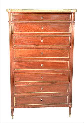 Louis XVI Style Mahogany 8 Drawer Tall Chest, having brass gallery and marble top, one side of marble cracked, height 63 1/2 inches, width 37 inches, 
