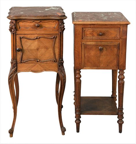 Two Louis XV Style Tables, each having brown marble tops, one drawer and one door, height 32 inches, top 13" x 15".