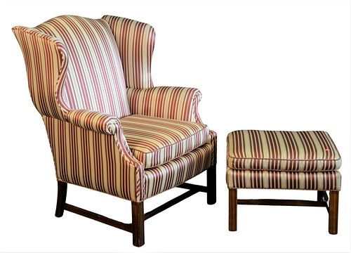 Upholstered Wing Chair and Ottoman, height 41 inches, width 32 inches.
