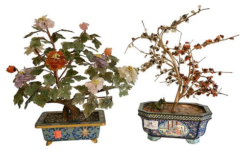 Two Chinese Jade Trees, having flowers and leaves formed from various hardstones, one in a cloisonne planter, the other in a painted metal planter, ov