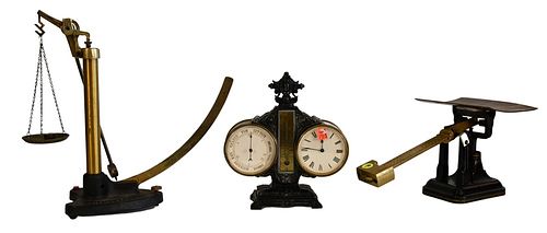 Three Piece Lot, to include a Griffin and George Scale, a fairbanks brass postal scale, along with a brass aneroid barometer/clock and brass tube, tal